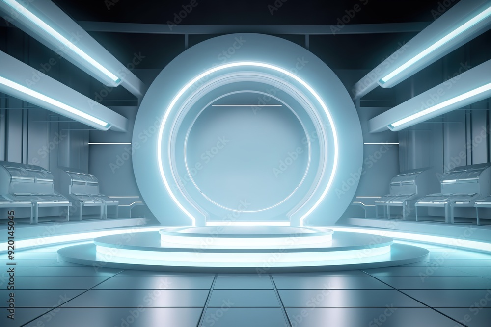 Futuristic room with glowing platform, ideal for product display. Futuristic room with glowing platform, ideal for product display.