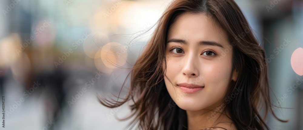 Portrait of a young woman smiling softly in an urban setting, capturing a moment of joy and confidence against a blurred background. Portrait of a young woman smiling softly in an urban setting, capturing a moment of joy and confidence against a blurred background.