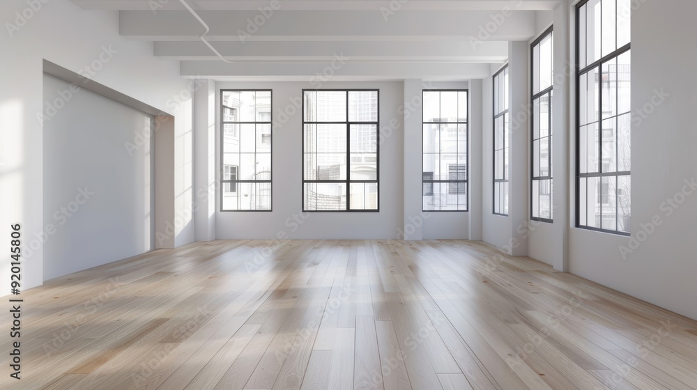 Spacious interior with large windows, hardwood floor, and natural light, perfect for modern living or creative workspace. Spacious interior with large windows, hardwood floor, and natural light, perfect for modern living or creative workspace.