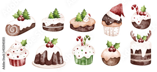 Digital Watercolor Christmas Cake Vector Illustrations