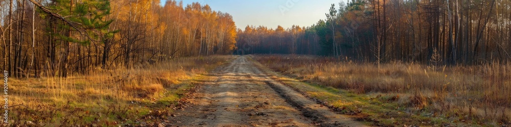 Fototapeta premium Clearing with a forest road under a clear blue sky
