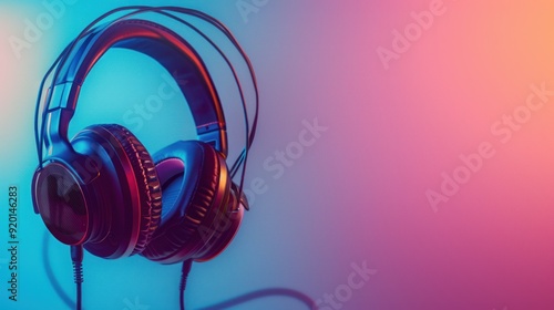 Headphones in a vibrant blue and pink gradient background