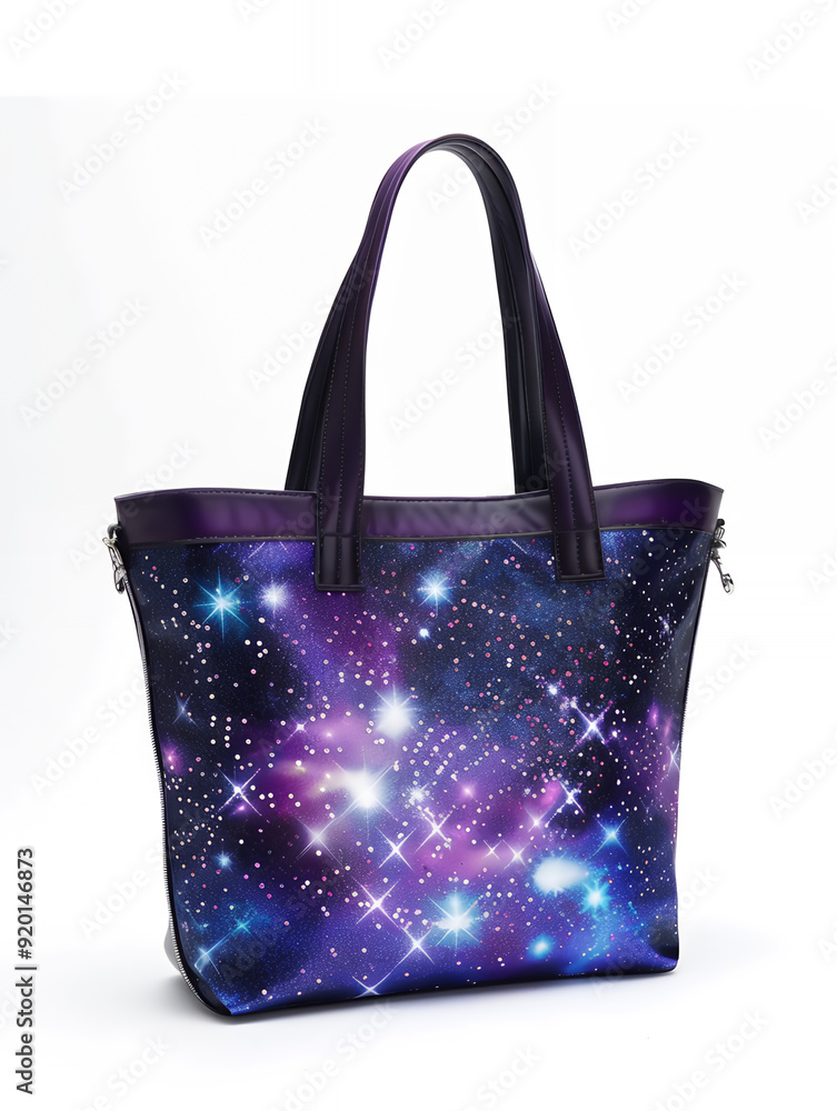 A stylish tote bag featuring a vibrant galaxy design with stars and cosmic colors. A stylish tote bag featuring a vibrant galaxy design with stars and cosmic colors.