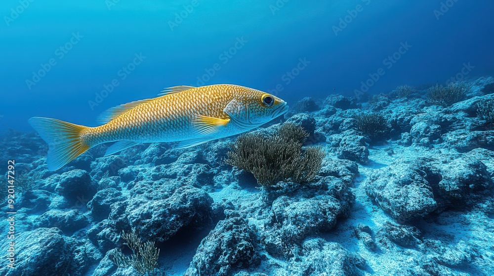 Naklejka premium Majestic orange fish swimming gracefully over a vibrant, rocky underwater reef in clear blue waters, showcasing marine biodiversity