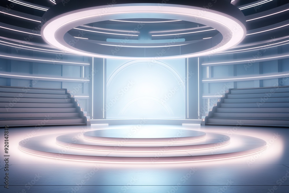 Obraz premium Futuristic stage with glowing platform in modern interior.