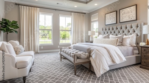 A spacious master suite with a soft grey carpet featuring a subtle diamond pattern creating a serene and inviting atmosphere.