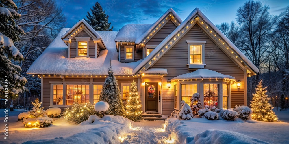 Cozy house decorated with warm Christmas lights on a snowy winter evening , Cozy, house, warm, Christmas lights, snowy, winter Cozy house decorated with warm Christmas lights on a snowy winter evening , Cozy, house, warm, Christmas lights, snowy, winter