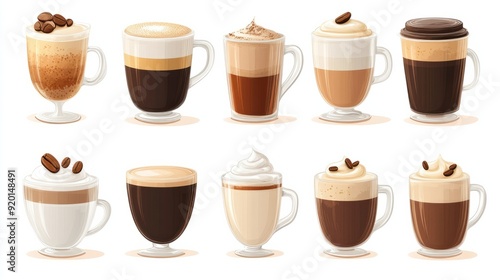 Wallpaper Mural Set with different types of coffee cup, cappuccino, black coffee, Choco latte, hot chocolate. Various types of coffee drinks collection set isolated on white background. Torontodigital.ca