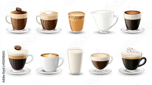 Wallpaper Mural Set with different types of coffee cup, cappuccino, black coffee, Choco latte, hot chocolate. Various types of coffee drinks collection set isolated on white background. Torontodigital.ca