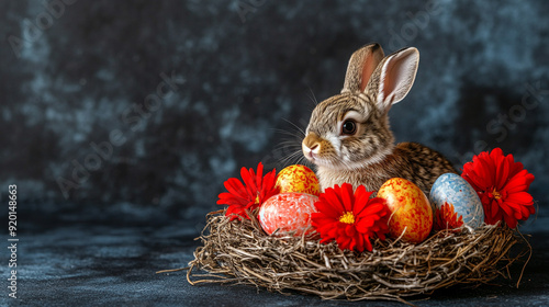 rabbit nestled in a cozy nest surrounded by colorful painted Easter eggs. The scene symbolizes the joy of Easter, new beginnings, and the innocence of springtime traditions photo