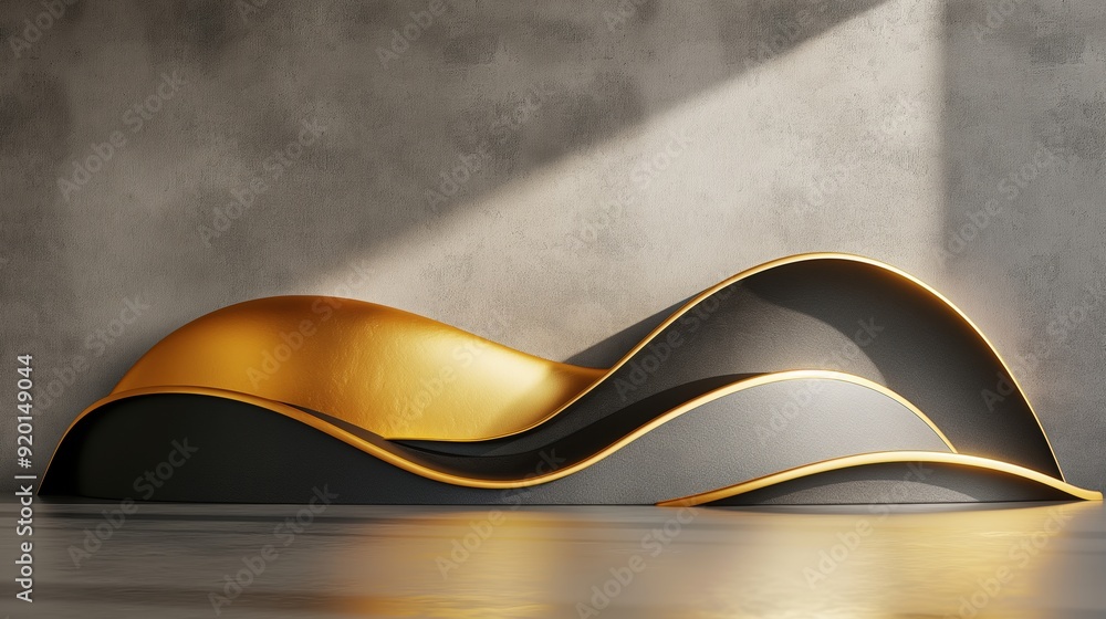 Fototapeta premium Abstract sculpture with smooth, curved forms in black and gold, illuminated by soft lighting, creating a luxurious and artistic centerpiece, ideal for modern or architectural themes.