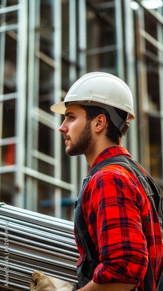 side view of male laborer with hard hat carrying steel side view of male laborer with hard hat carrying steel