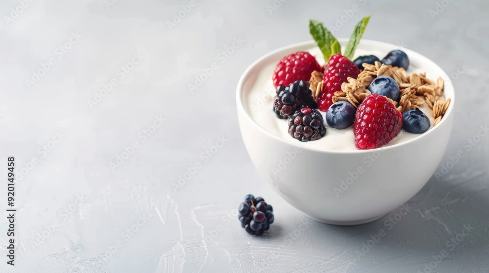A fresh bowl of yogurt topped with mixed berries and granola, perfect for a healthy breakfast or snack. A fresh bowl of yogurt topped with mixed berries and granola, perfect for a healthy breakfast or snack.