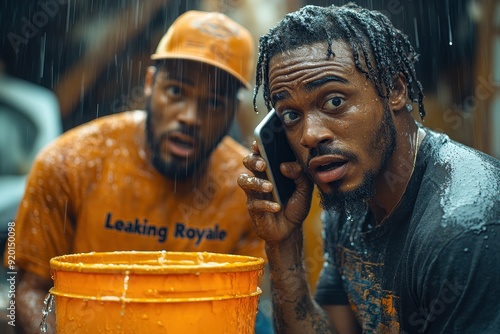 Black Man with Bucket and White Technician on Phone, Shocked by Water Dripping from Ceiling During Home Storm - Emergency Repair Scene
