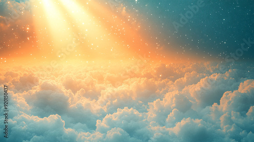 Ethereal light rays pierce through a dramatic sky, casting a soft glow over the clouds. The serene yet powerful scene symbolizes hope, divine presence, and spiritual awakening, evoking a sense of wond photo