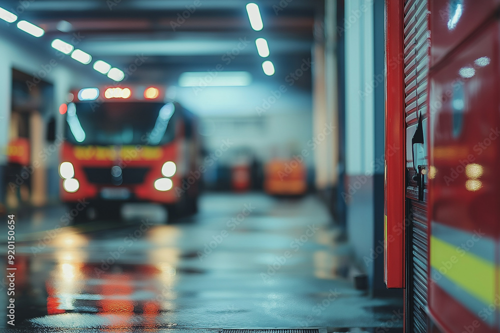 Blurred fire station background. Blurred fire station background.