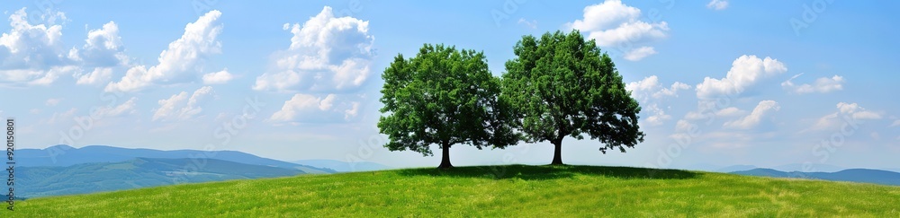 Two trees stand on a grassy hill against a blue sky with white clouds. A serene and peaceful landscape. Two trees stand on a grassy hill against a blue sky with white clouds. A serene and peaceful landscape.