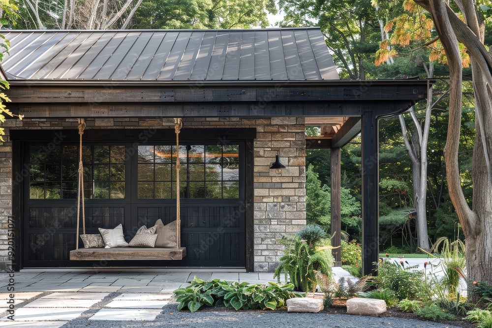 Naklejka premium Modern farmhouse garage with open door and hanging wooden swing, black wood shingle siding, aged grey roof, white stone wall, natural light, daytime, plants in front yard.