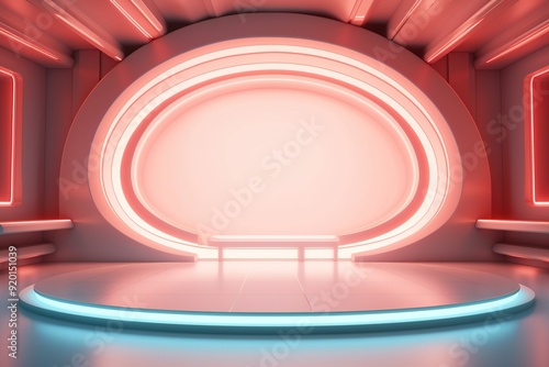 Abstract futuristic stage with glowing pink and blue lights.