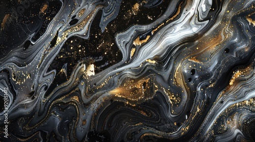 Abstract Liquid Art with Gold and Black Swirls