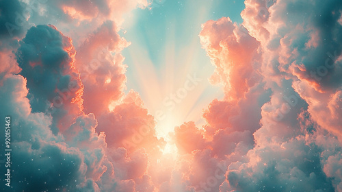 Ethereal light rays pierce through a dramatic sky, casting a soft glow over the clouds. The serene yet powerful scene symbolizes hope, divine presence, and spiritual awakening, evoking a sense of wond photo