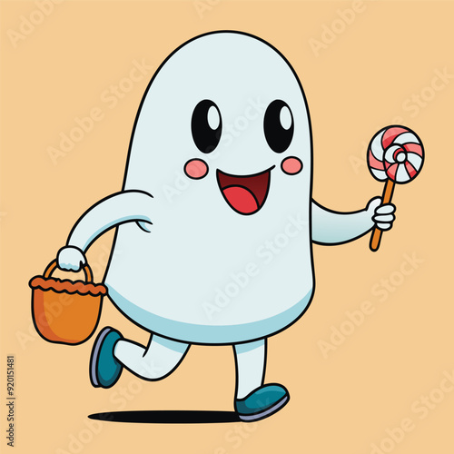Ute groovy ghost is holding candy Cartoon style for Halloween vector art