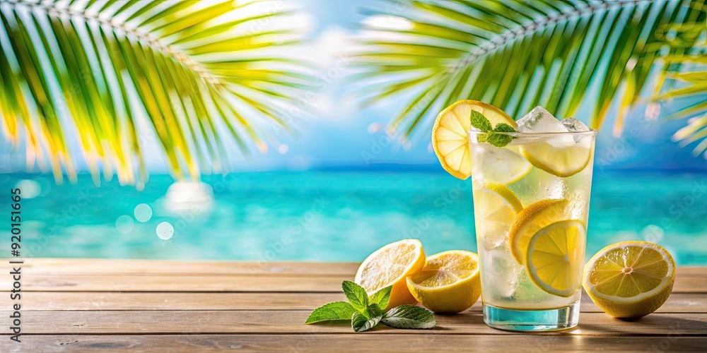 Obraz premium Summer fresh cocktail lemonade in glass with ice and lemon on sea turquoise blue water background with palms , summer, cocktail, lemonade
