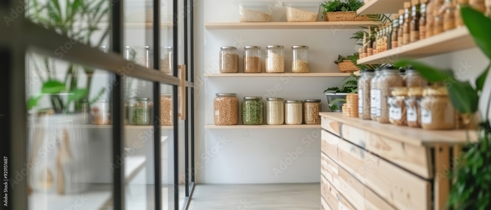 A modern pantry with organized jars and natural decor, showcasing a minimalist and eco-friendly approach to food storage. A modern pantry with organized jars and natural decor, showcasing a minimalist and eco-friendly approach to food storage.