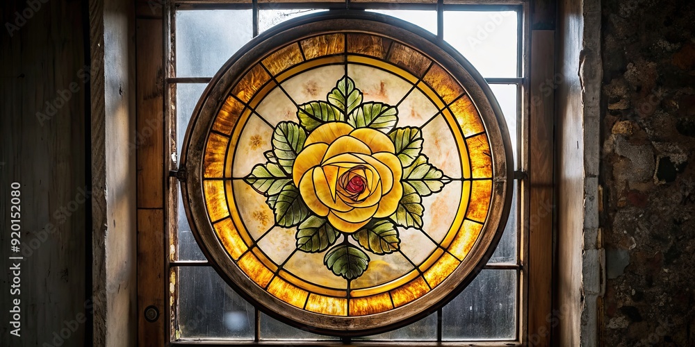 Fototapeta premium Warm toned yellow and orange rose stained glass window in circular frame on background, stained glass, window,circular, frame