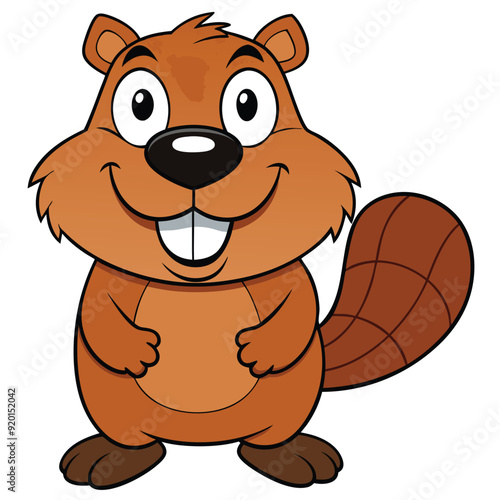 Cartoon happy beaver on white background