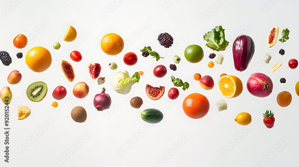 Vibrant Fruit and Vegetable Medley in Mid-Air Vibrant Fruit and Vegetable Medley in Mid-Air