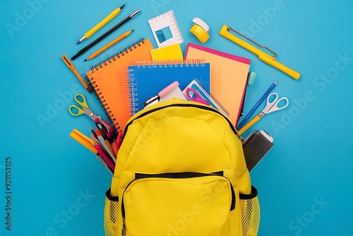 Bright Yellow Backpack Overflowing with School Supplies Notebooks Pens Pencils Scissors Ruler on Vibrant Blue Background Flat Lay Back to School Concept.