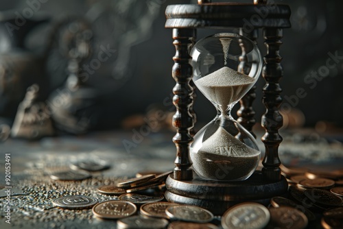 A vintage hourglass, beautifully filled with fine, golden sand, is elegantly placed among a variety of coins, symbolizing the continuous passage of time and the inherent value of wealth in our lives photo