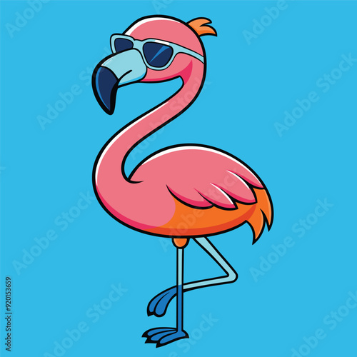 Cartoon cute little Flamingo with sun glasses on sky blue background
