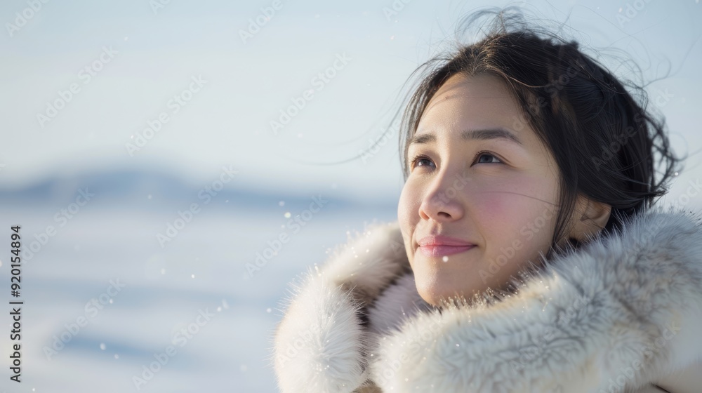 A serene woman gazes thoughtfully into the distance, surrounded by a snowy landscape, embodying peace and contemplation. A serene woman gazes thoughtfully into the distance, surrounded by a snowy landscape, embodying peace and contemplation.