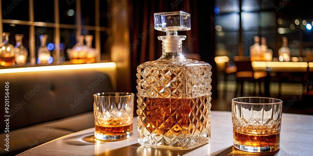 Luxurious whiskey bottle on elegant table with crystal glassware and dim lighting, luxury, whiskey, bottle, elegant Luxurious whiskey bottle on elegant table with crystal glassware and dim lighting, luxury, whiskey, bottle, elegant