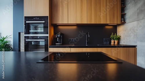 Modern Kitchen with Black and Wood Accents