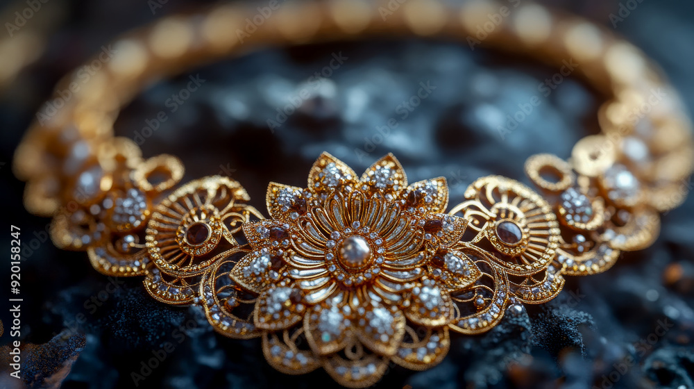 Beautiful golden necklace with diamonds and precious stones is lying on a rock Beautiful golden necklace with diamonds and precious stones is lying on a rock