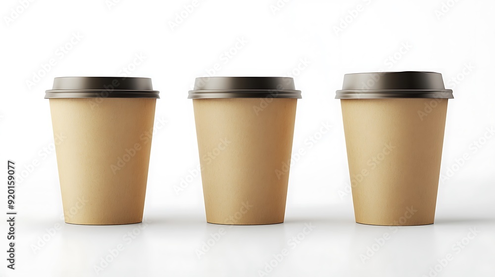 Three Brown Disposable Coffee Cups with Black Lids Three Brown Disposable Coffee Cups with Black Lids