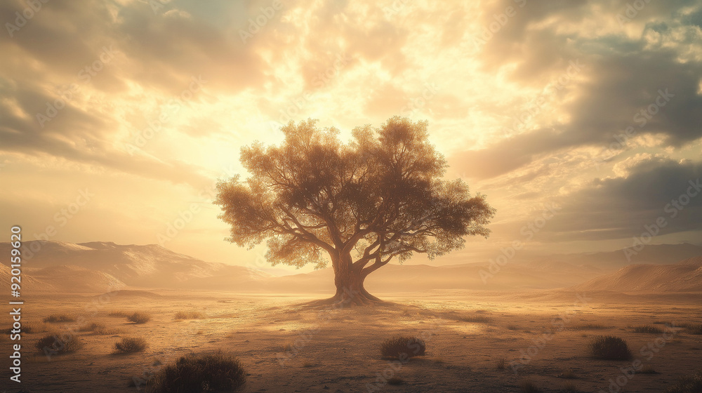 empty landscape with a single, ancient tree at the center empty landscape with a single, ancient tree at the center