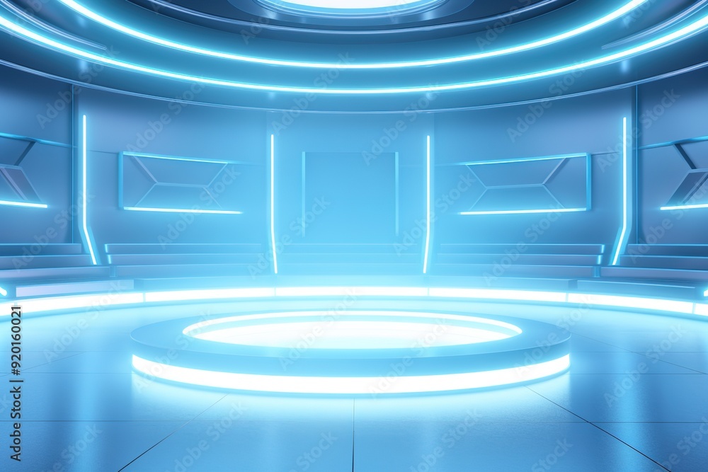 Futuristic blue room with glowing platform. Futuristic blue room with glowing platform.