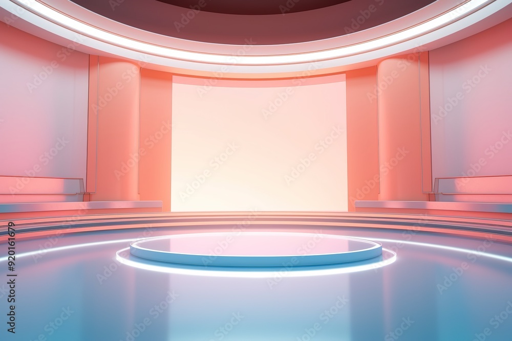Circular platform with glowing lights and a pink and blue background. Circular platform with glowing lights and a pink and blue background.