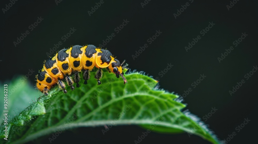 A Tiny Yellow And Black Larva Crawling On A Green Leaf