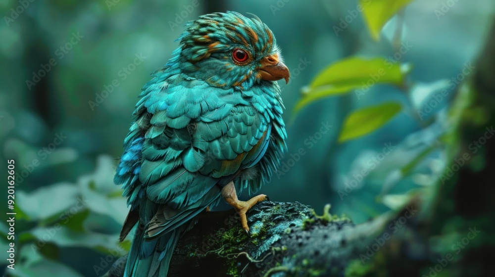 A Vibrant Blue Bird Perched on a Branch in a Lush Forest A Vibrant Blue Bird Perched on a Branch in a Lush Forest