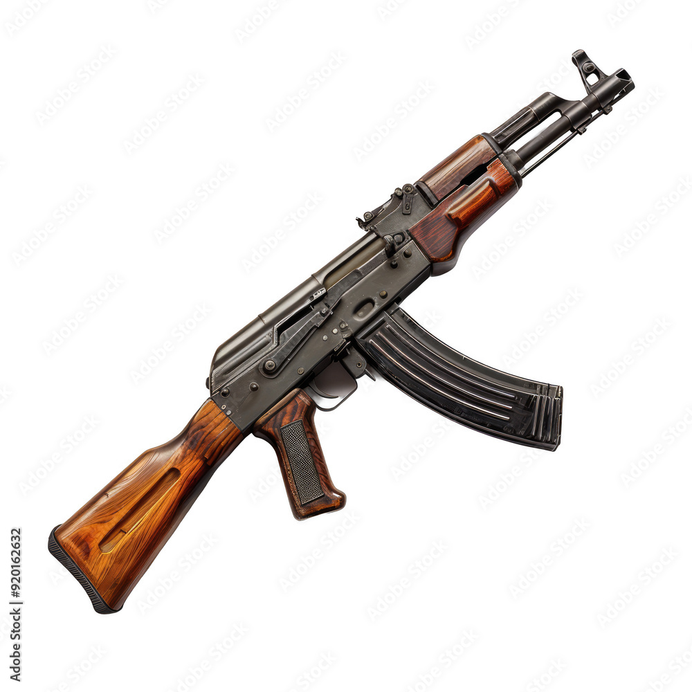 A brown AK-47 rifle is displayed on a white background