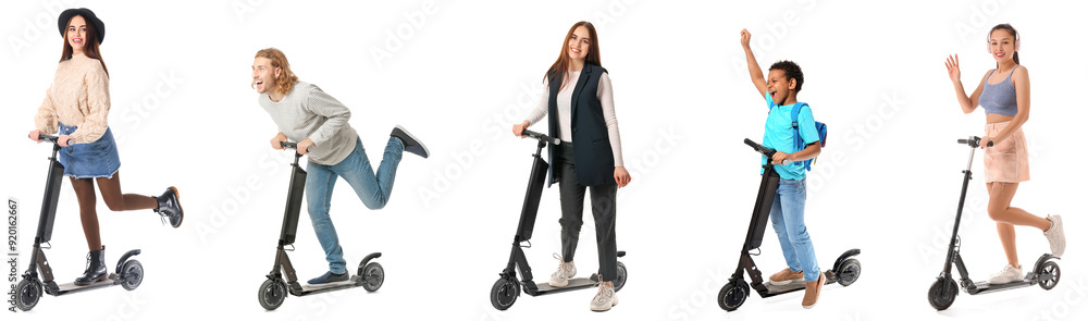 Set of people with electric kick scooters on white background Set of people with electric kick scooters on white background