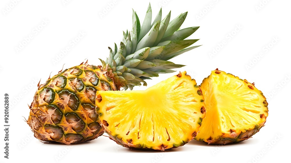 A Whole Pineapple and Two Slices on a White Background A Whole Pineapple and Two Slices on a White Background