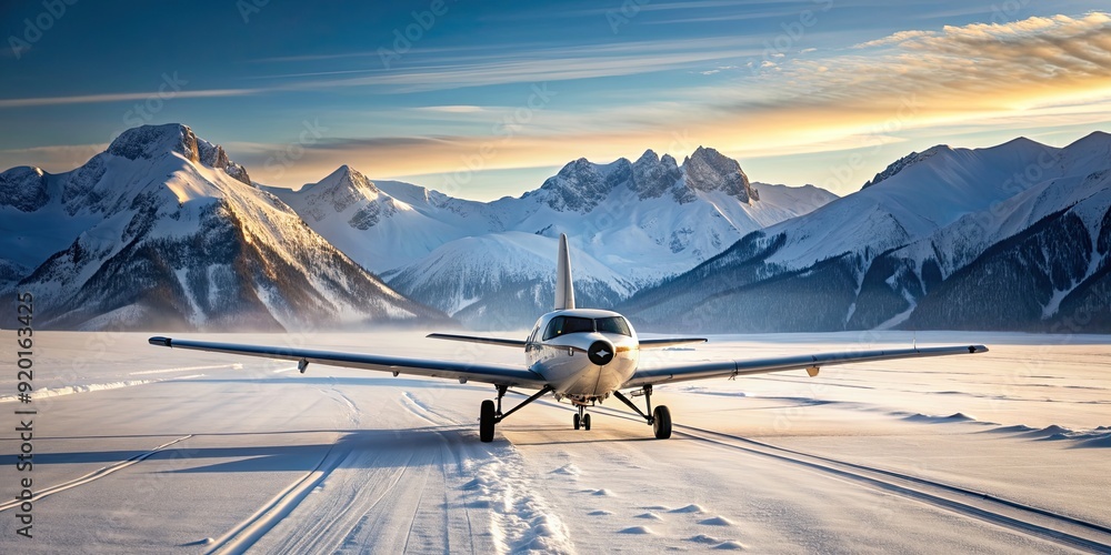 Fototapeta premium Small aircraft on snowy mountain runway, Small aircraft, runway, snowy mountains, winter, cold, aviation