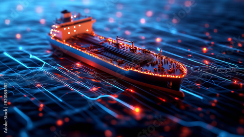 A conceptual image of an oil tanker ship navigating through a network of digital lines, symbolizing the integration of advanced technology in maritime logistics.