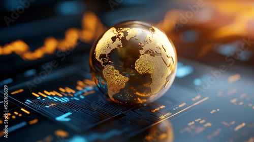 A globe partially covered in gold leaf, set against a backdrop of financial data, symbolizing the significant impact of gold on global financial systems.